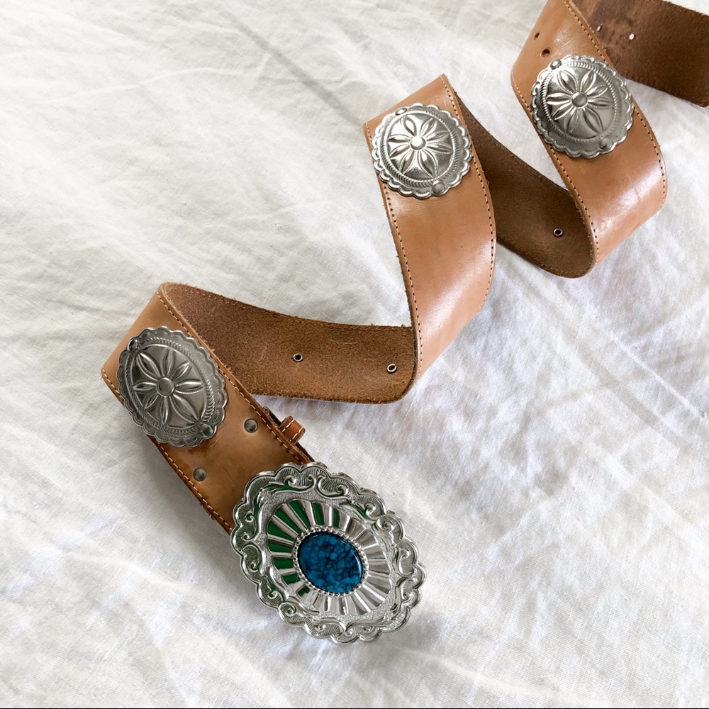 VINTAGE/ leather + turquoise stone western belt